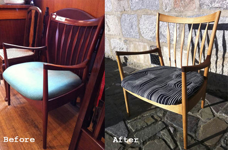 Reupholstered chair before and after